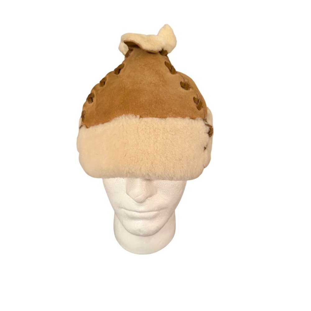 Mongolian Unisex Warm Hat One Size Tan Sheepskin Fur Pom-Pom Unique Winter
